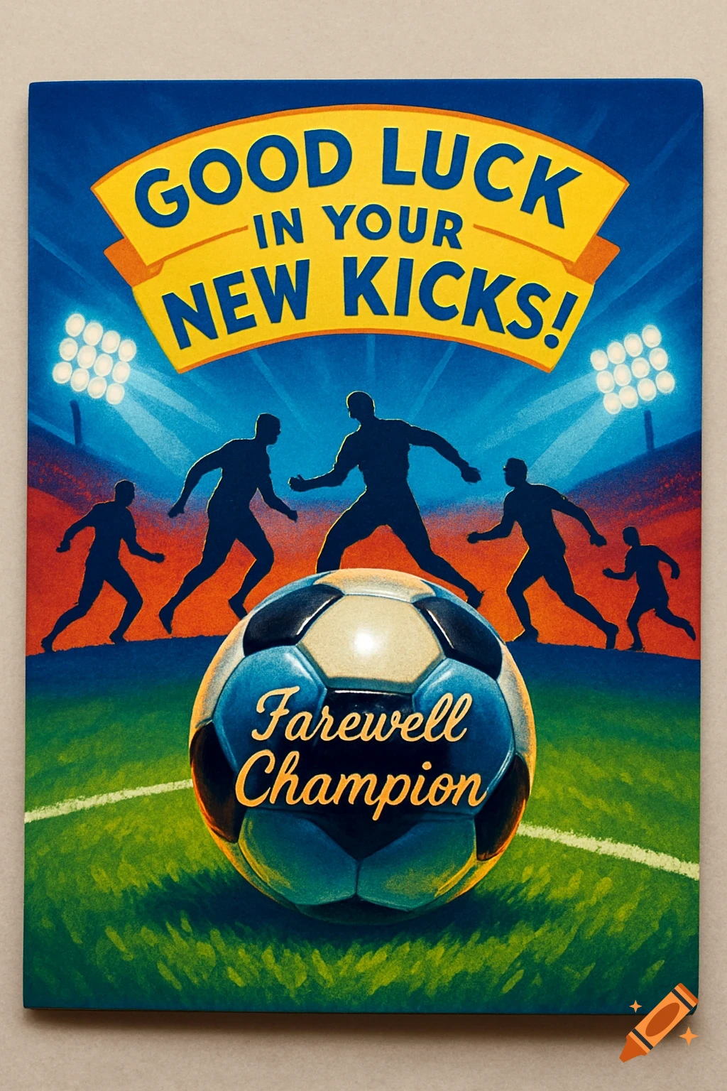 A greeting card for a football fan, with a large football in the foreground and silhouettes of players in a stadium. Text reads "GOOD LUCK IN YOUR NEW KICKS!" and "Farewell Champion."