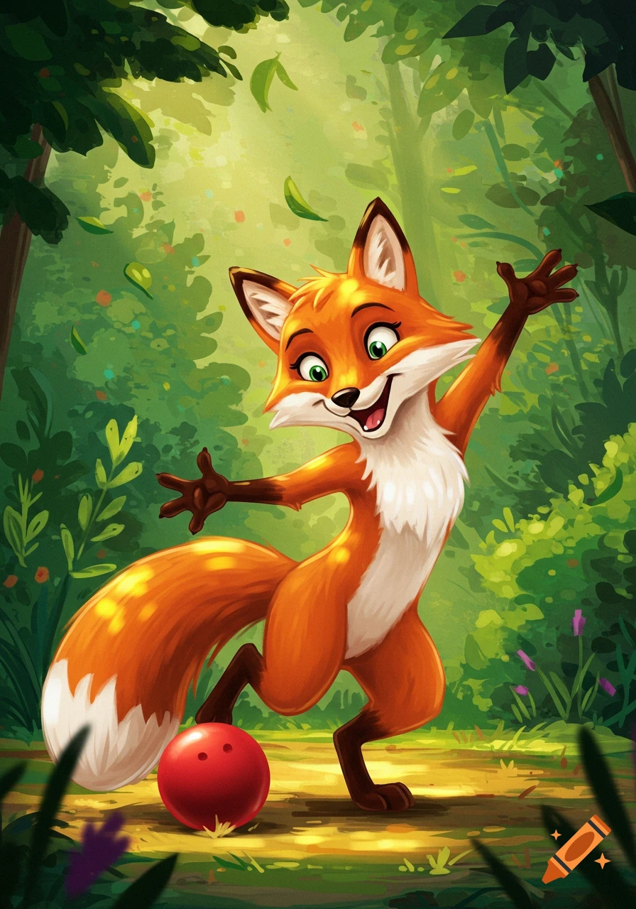 A happy cartoon fox with green eyes stands playfully with a red ball in a vibrant green forest.