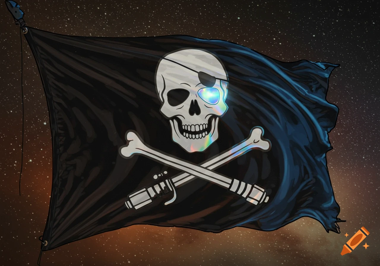 A green pirate flag with a black skull and crossbones flies against a dark  blue sky. on Craiyon, image size:1280x896