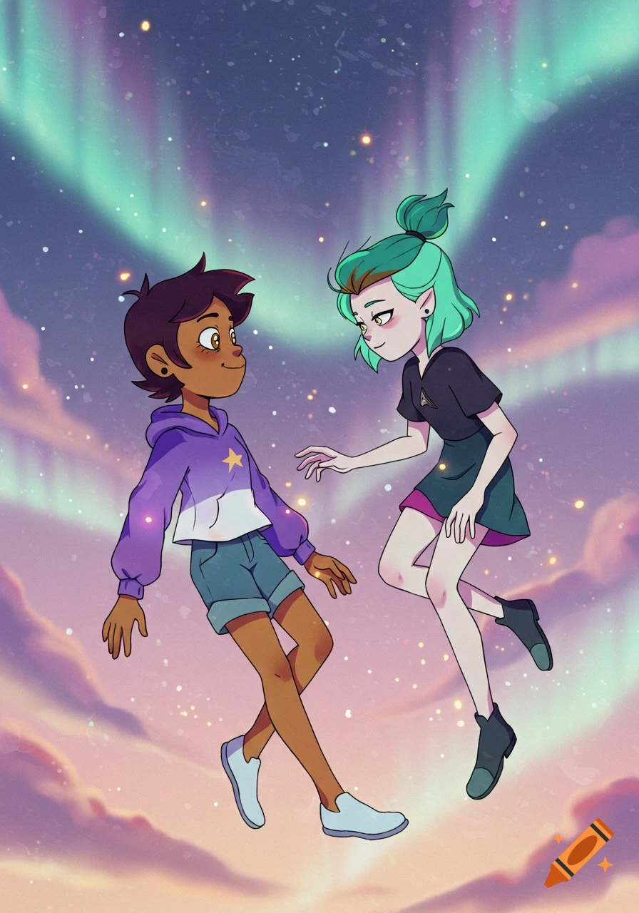 Two young cartoon girls, one with brown hair and one with teal hair, float in a starry sky with aurora lights, smiling at each other.