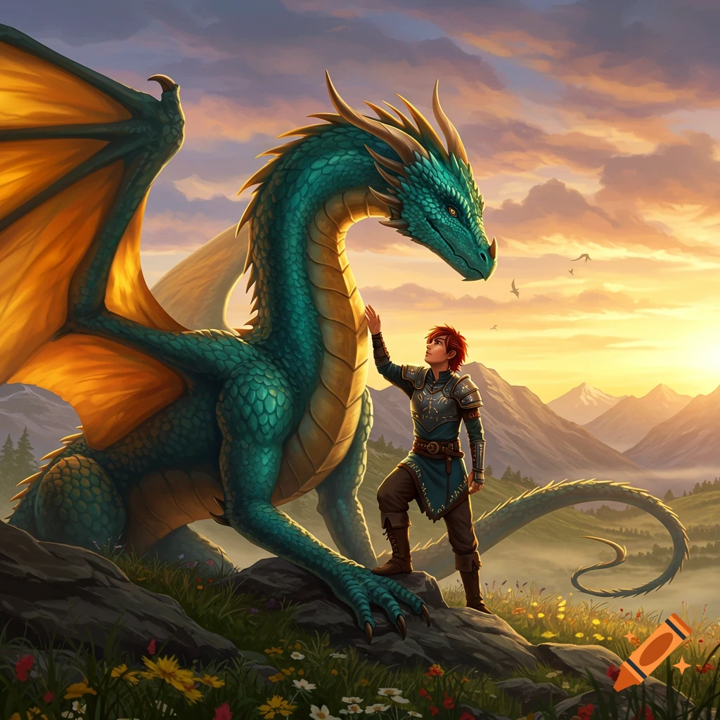 A person in armor stands on a rock, touching a large teal and gold dragon, set against a vibrant mountain sunset.
