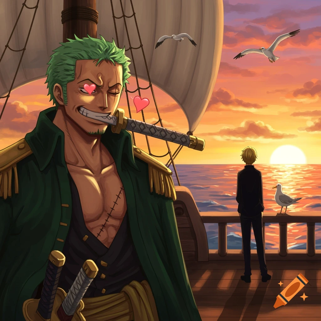 Anime character Zoro with green hair and sword in mouth, hearts in his eyes looking at Sanji on a ship at sunset.