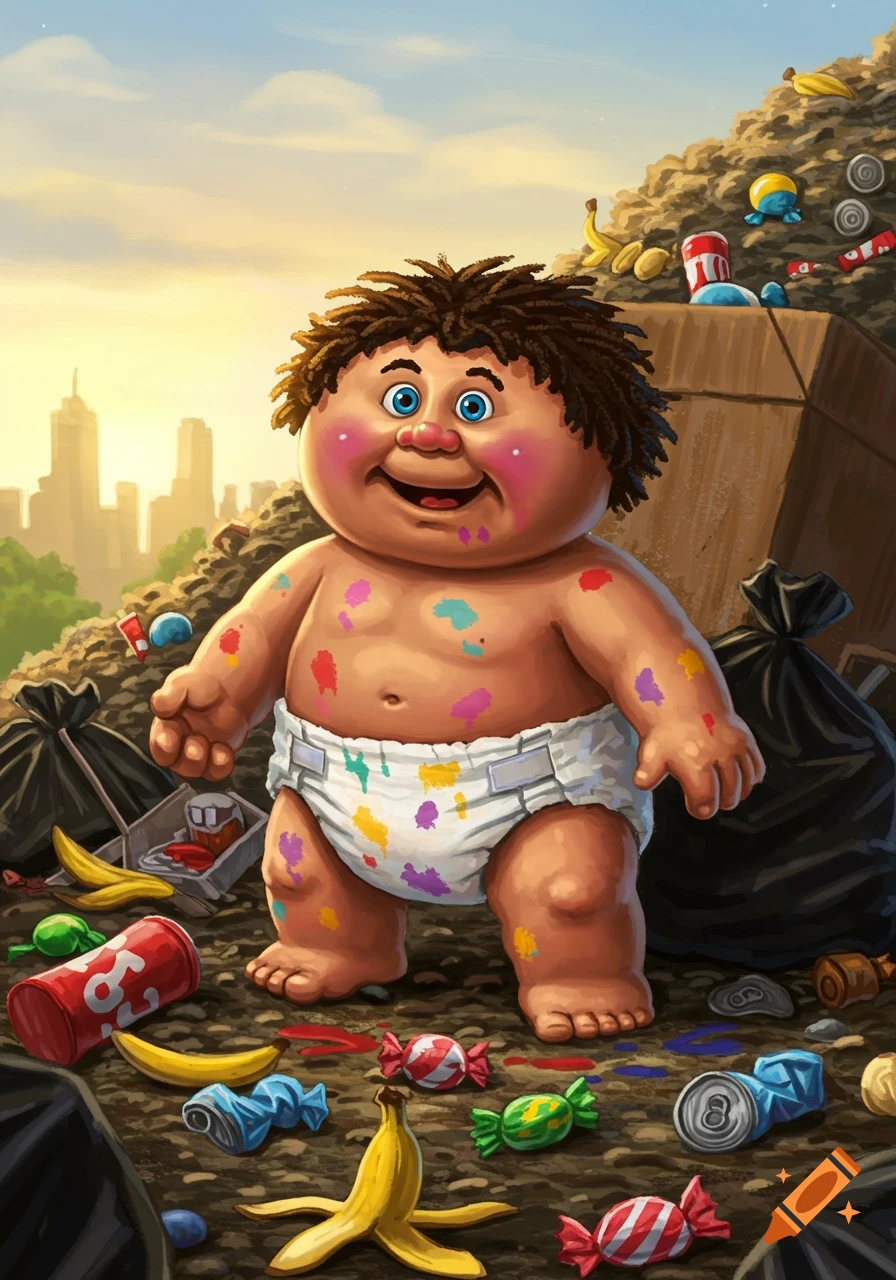 A smiling, paint-splattered cartoon baby in a diaper stands in a pile of garbage with a city skyline behind it, in the style of Garbage Pail Kids.
