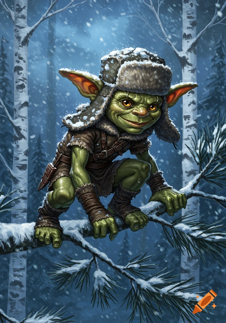 A mischievous green goblin wearing a fur hat crouches on a snowy tree branch in a winter forest.
