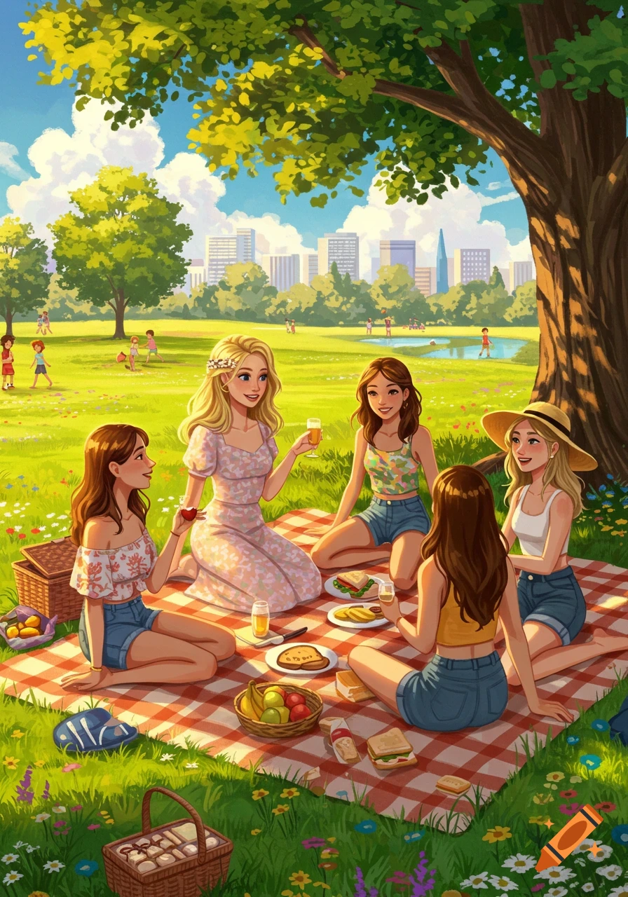 An illustration of five female friends having a picnic in a sunny park with a city skyline in the background.