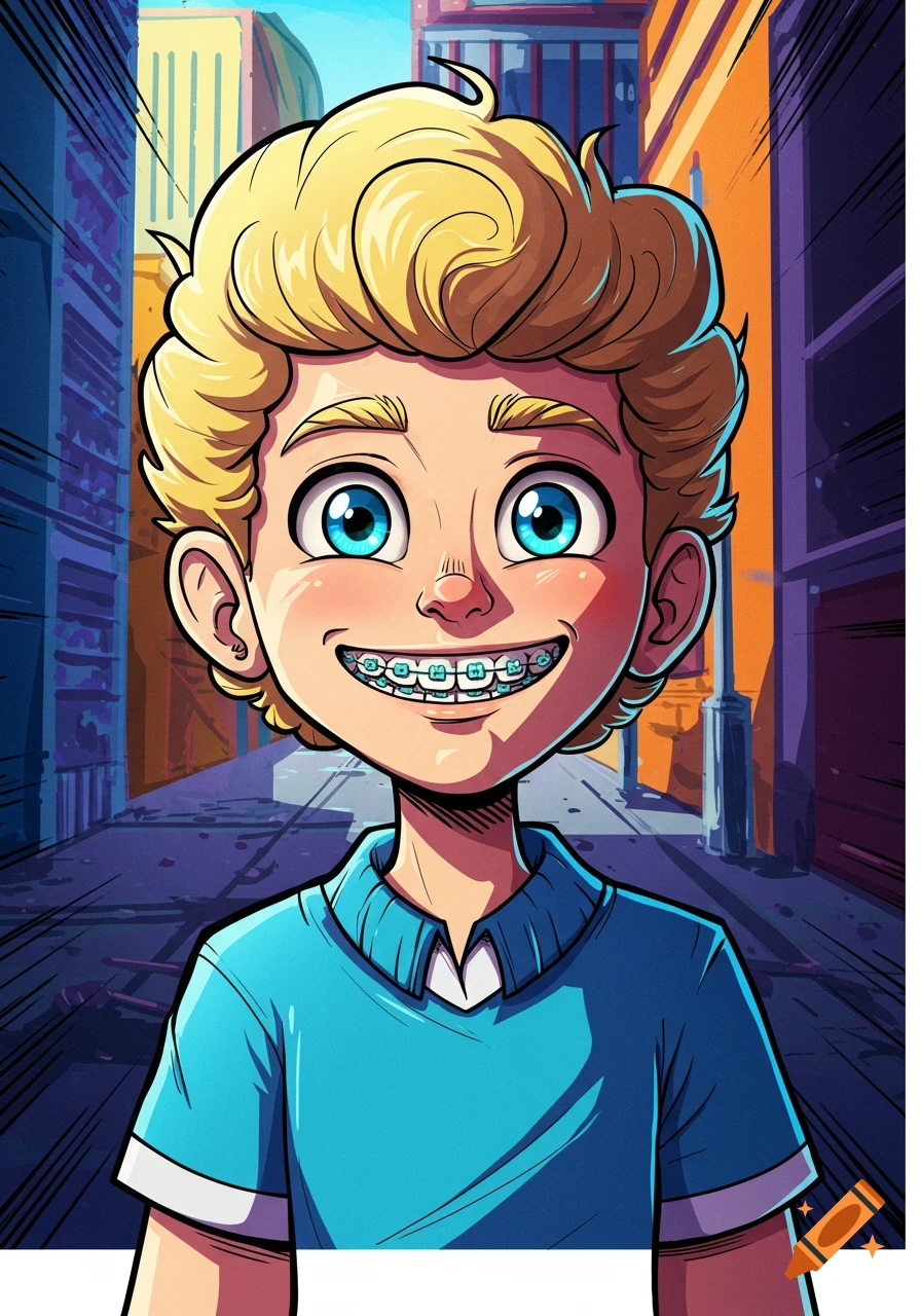 A cartoon boy with blonde hair, blue eyes, and braces smiles in a comic book style against a city background.