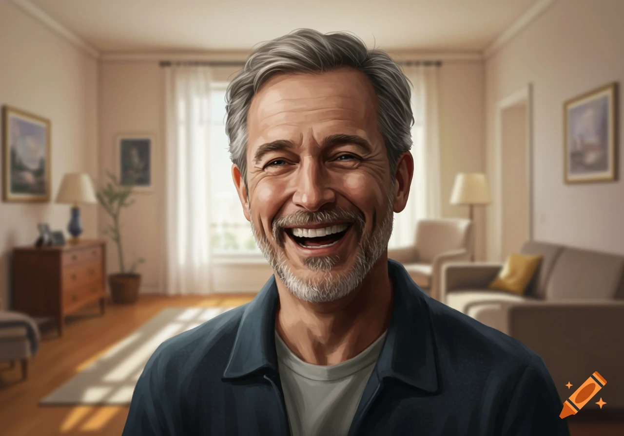 A smiling older man with gray hair and a beard in a living room.