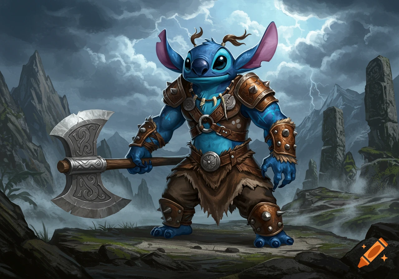 Stitch dressed as a barbarian warrior, holding a large axe in a stormy mountainous landscape.