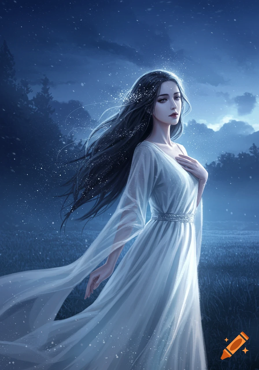 Ethereal woman with long dark hair in a flowing white dress standing in a moonlit, snowy field.