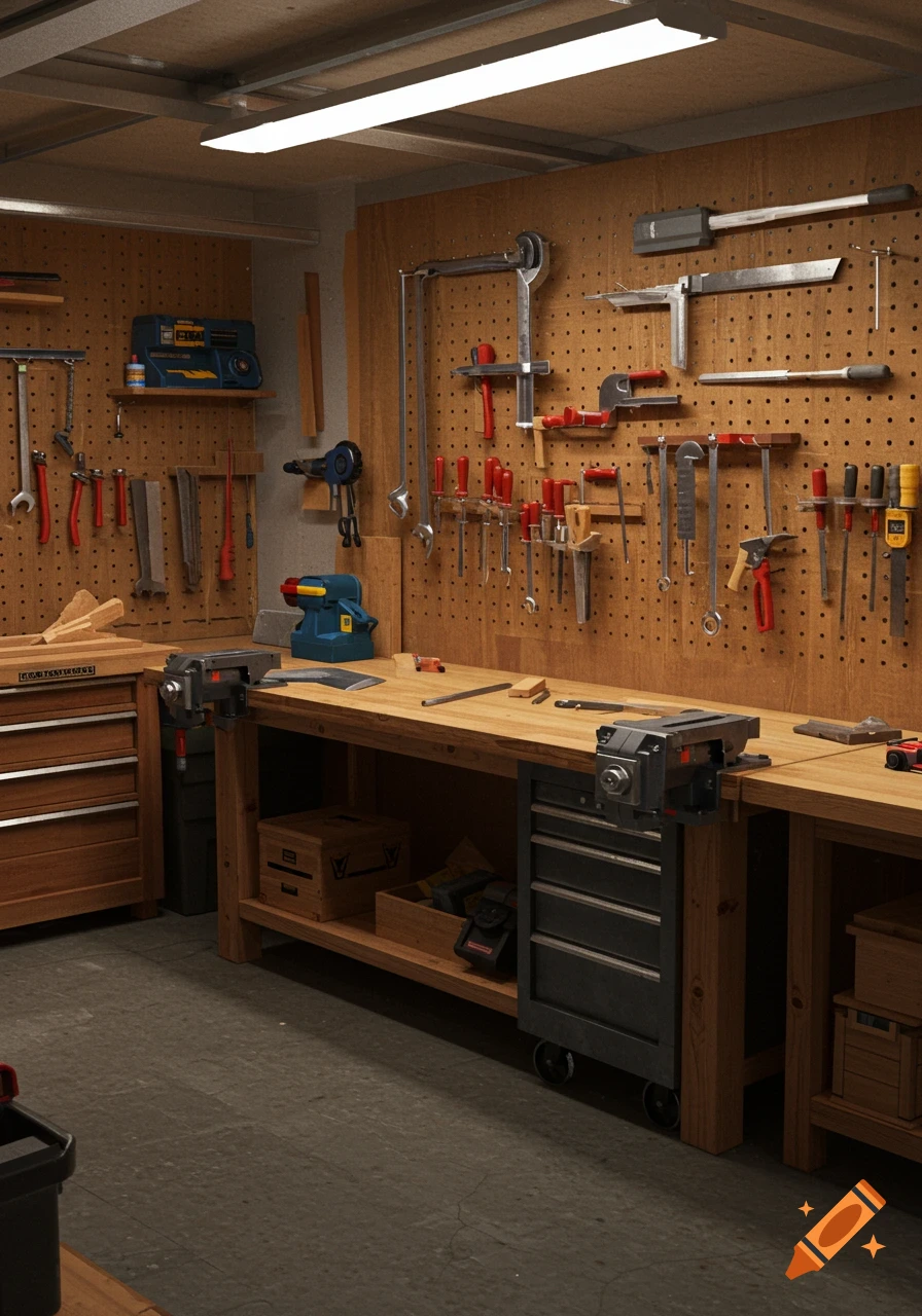 A well-organized garage workshop with various hand tools hanging on a pegboard above a wooden workbench with vises and storage.