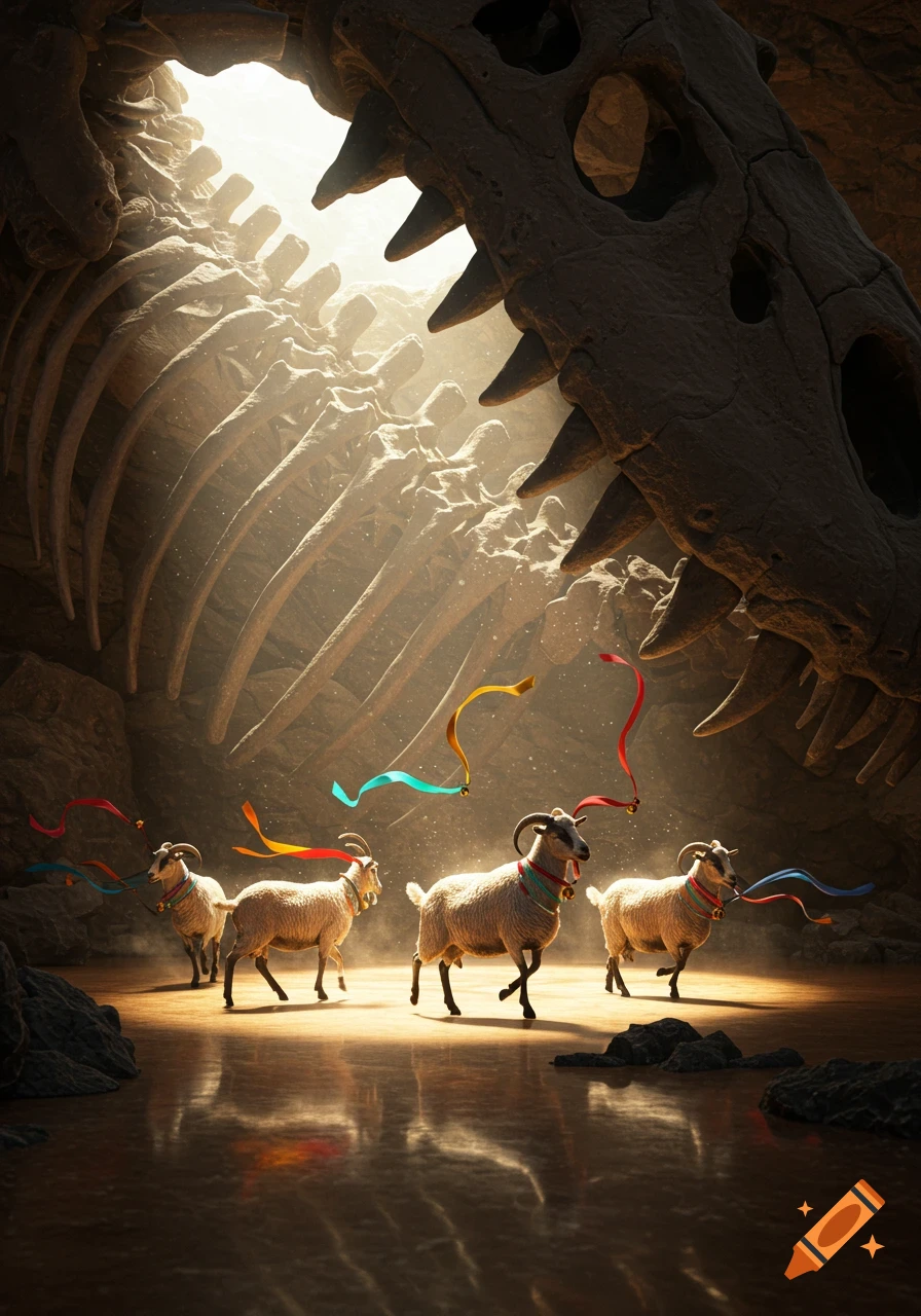Four goats wearing colorful ribbons and bells walk on a reflective surface inside a vast cave formed by a dinosaur's skeletal remains, illuminated by shafts of light.