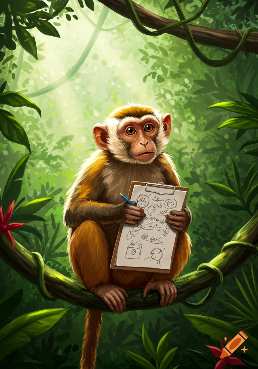 A cartoon monkey sits on a tree branch in a jungle, holding a clipboard and a pen, appearing to draw.
