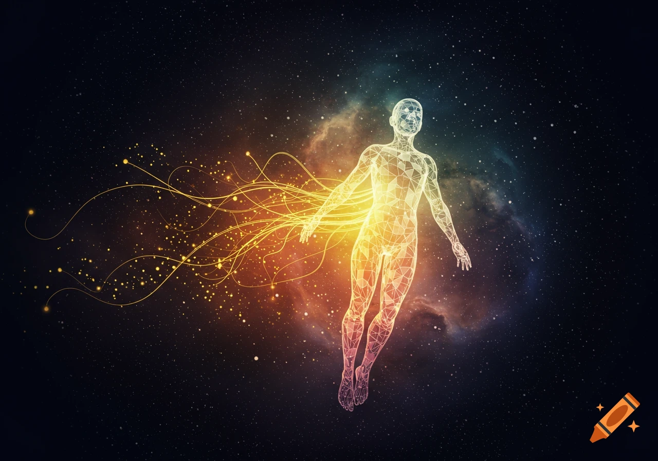 Luminous wireframe human figure floating in a starry cosmic void with orange and purple nebulae, energy lines flowing from hands.