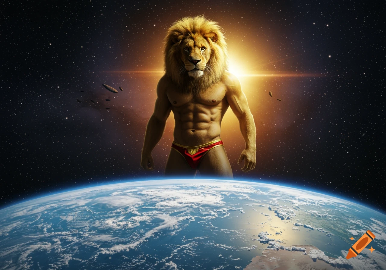 Photorealistic muscular anthropomorphic lion in a red speedo, glowing in space above Earth.