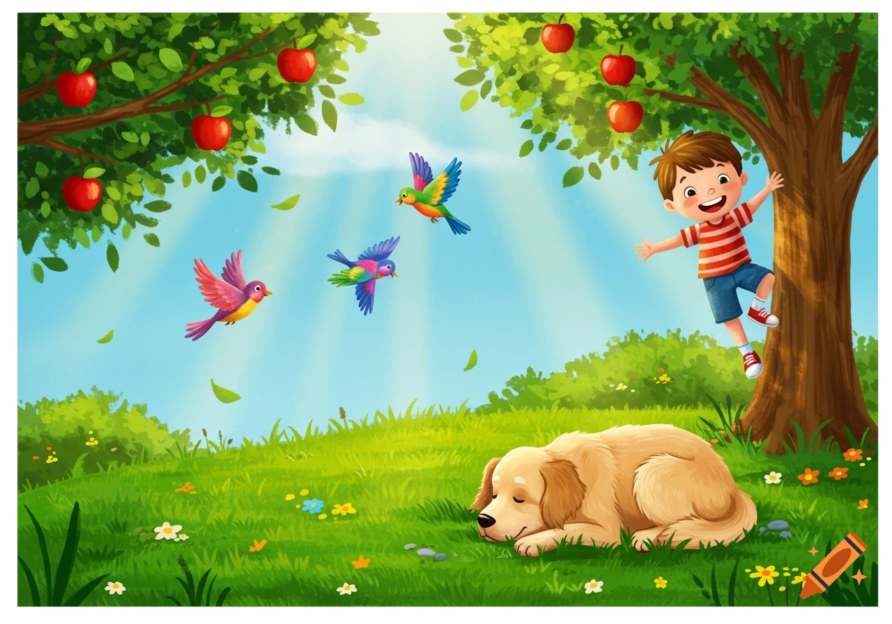 A joyful cartoon boy climbing an apple tree, colorful birds flying, and a golden retriever puppy sleeping in a sunny green field.
