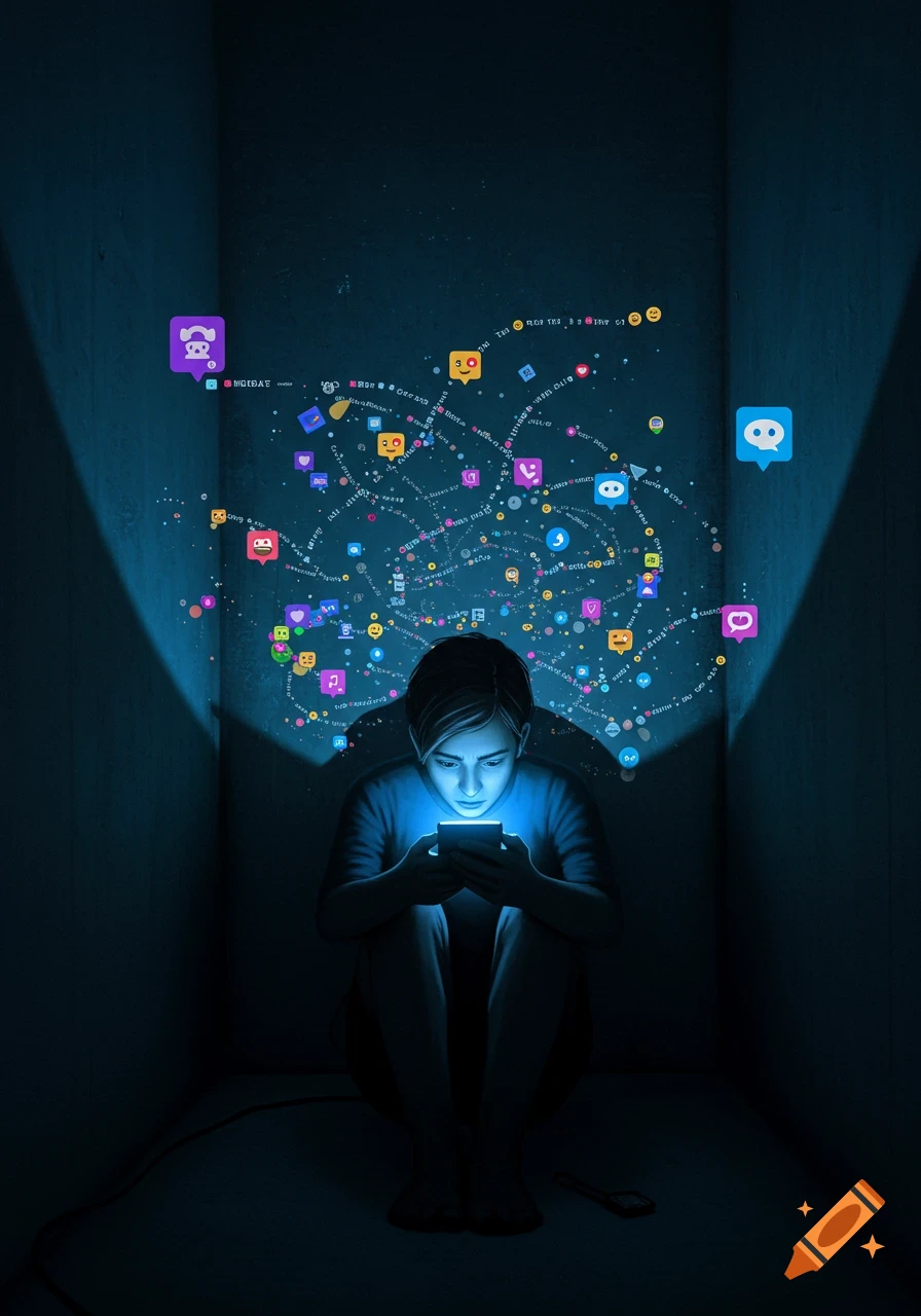 A person sits in a dark room, illuminated by a glowing smartphone, surrounded by floating social media icons and digital information. Stylized digital art.