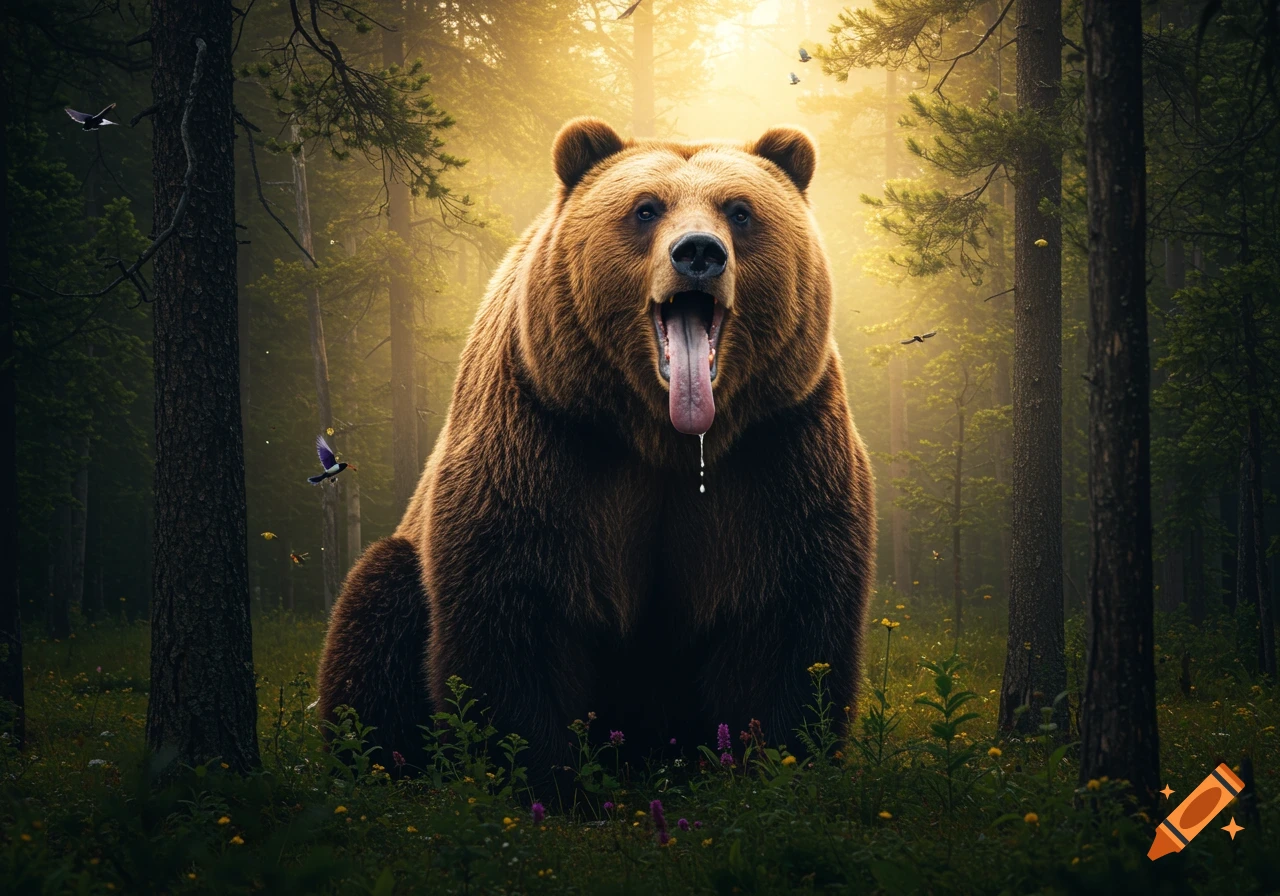 A large brown bear with a long tongue and drool sits in a sunlit forest clearing with trees and small birds.
