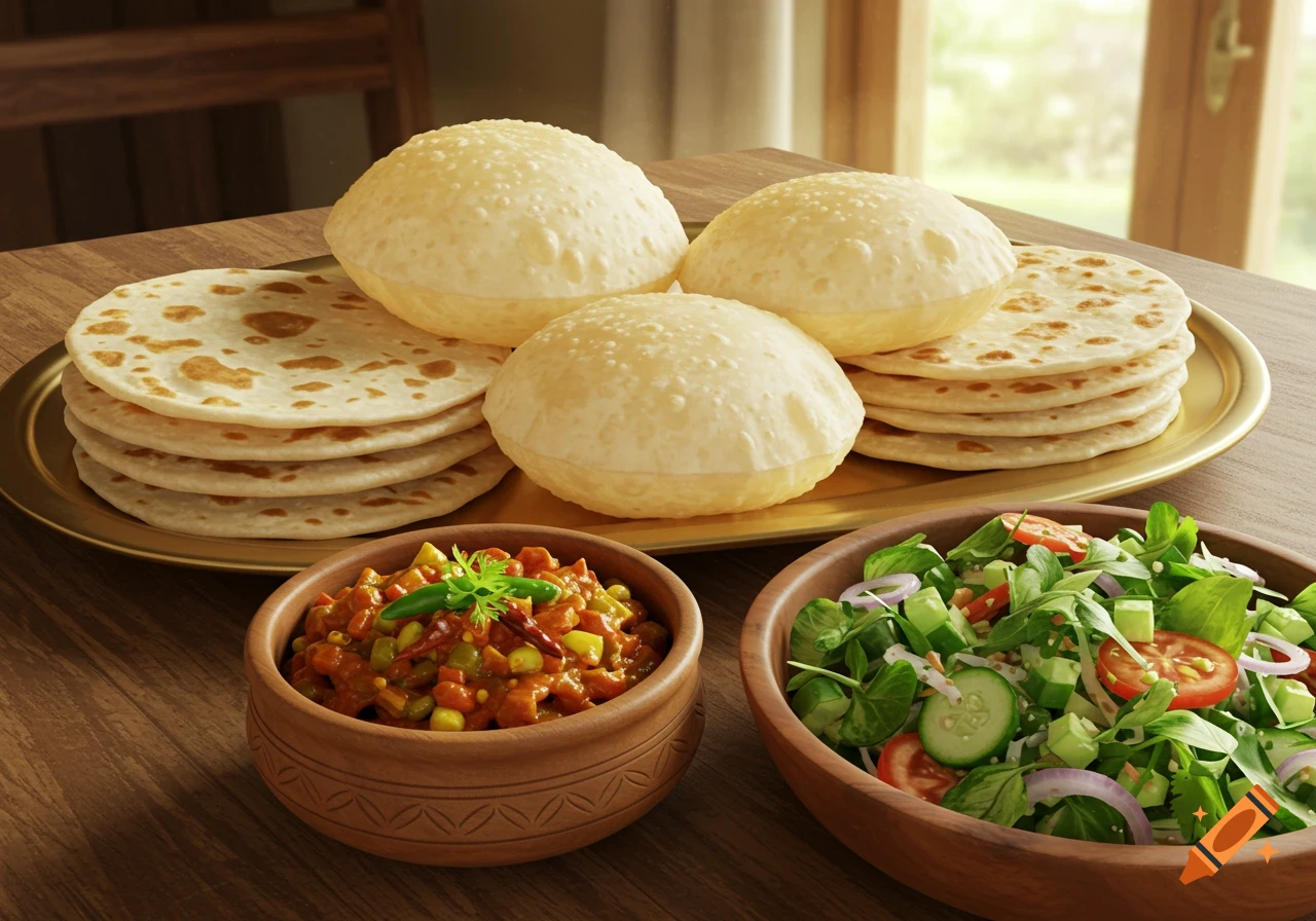 A meal of Indian food featuring puffed puri, flatbreads, a bowl of curry, and a fresh green salad on a wooden table.