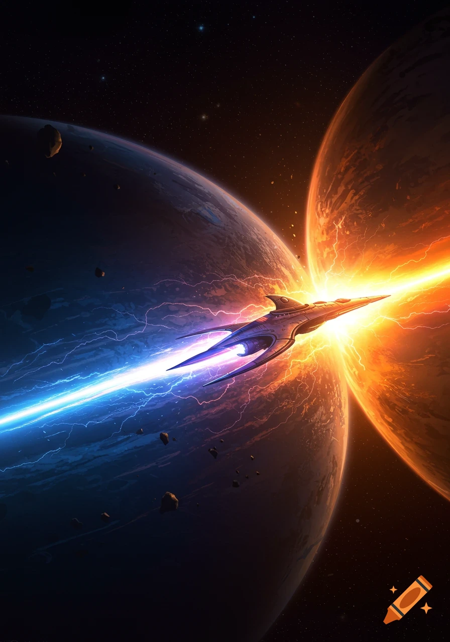 A futuristic spaceship flies between two planets, one blue and one orange, with a bright energy beam extending from its rear.