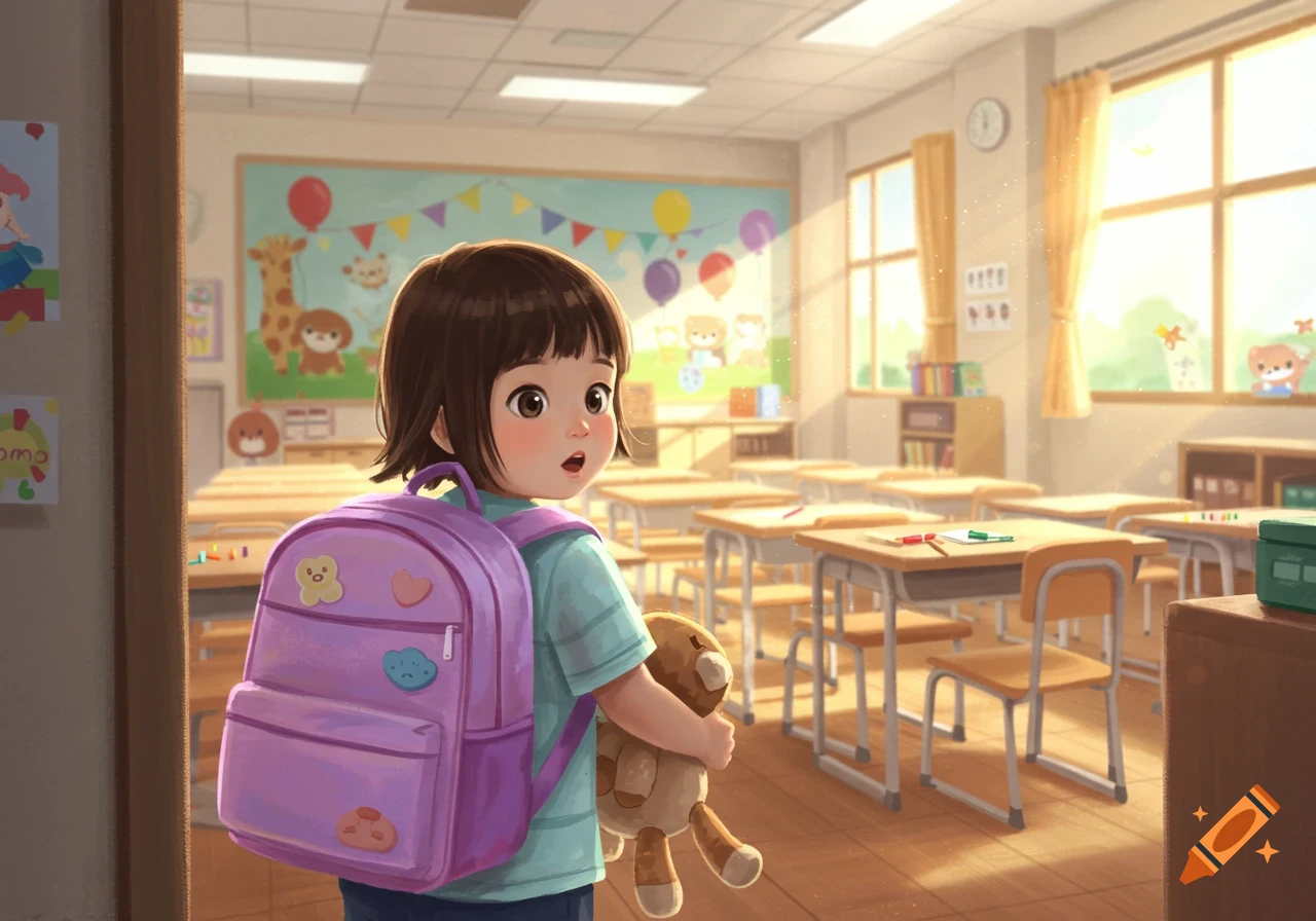 An illustration of a young girl with a purple backpack and teddy bear standing in a sunlit classroom.