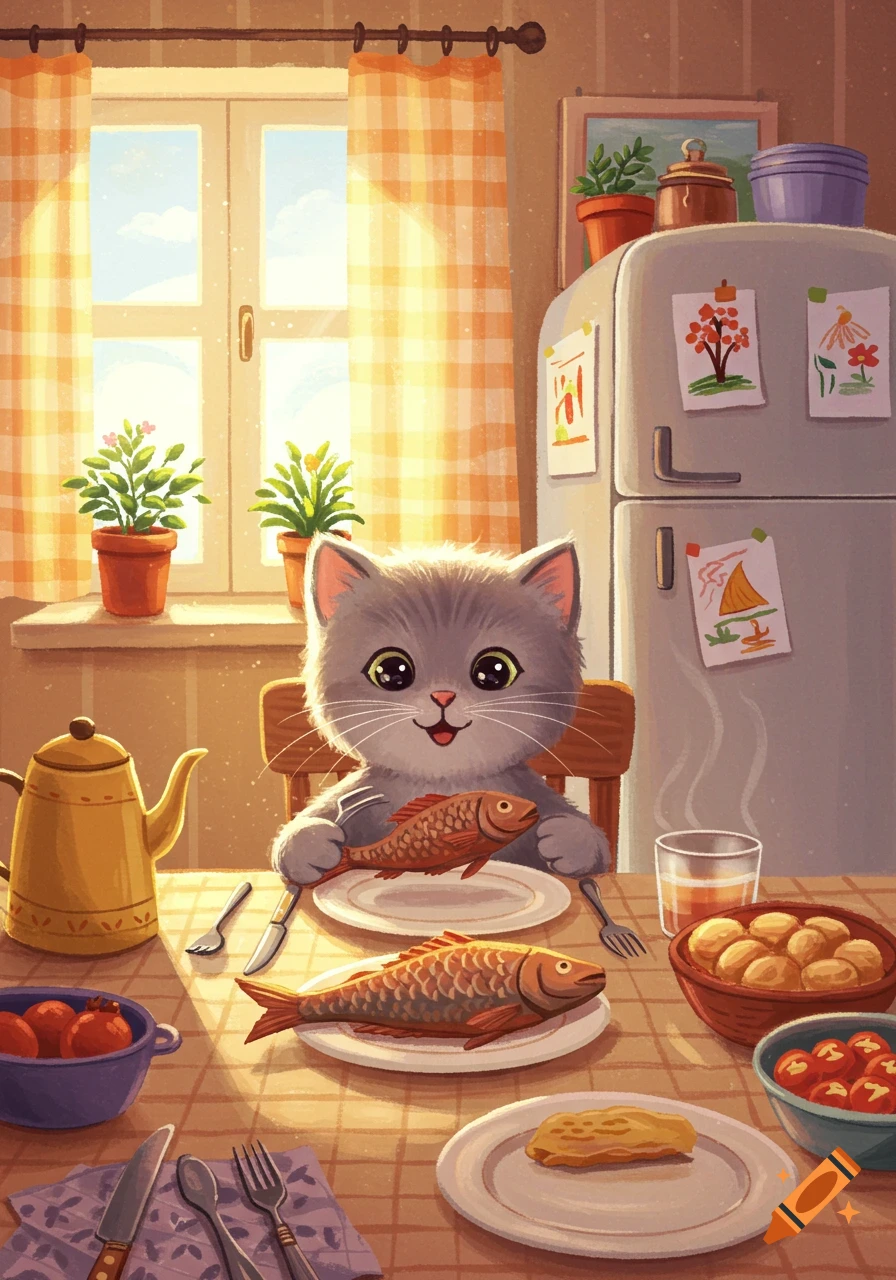 A cute cartoon gray cat sits at a sunlit kitchen table with a checkered cloth, holding a fish with a fork and knife. Another fish and food are on plates.
