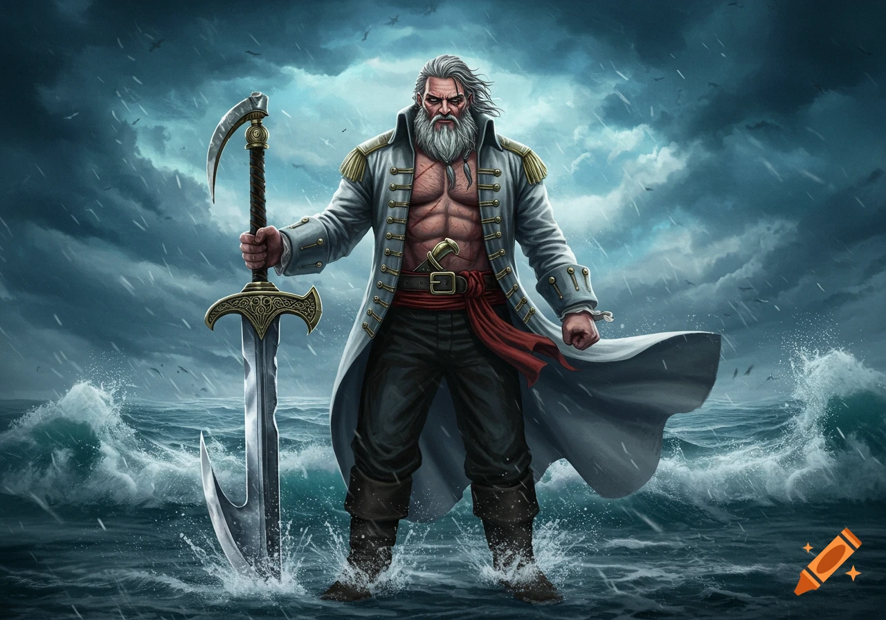 A powerful, grey-bearded man in an open white coat stands in a stormy sea, holding a large, curved sword.