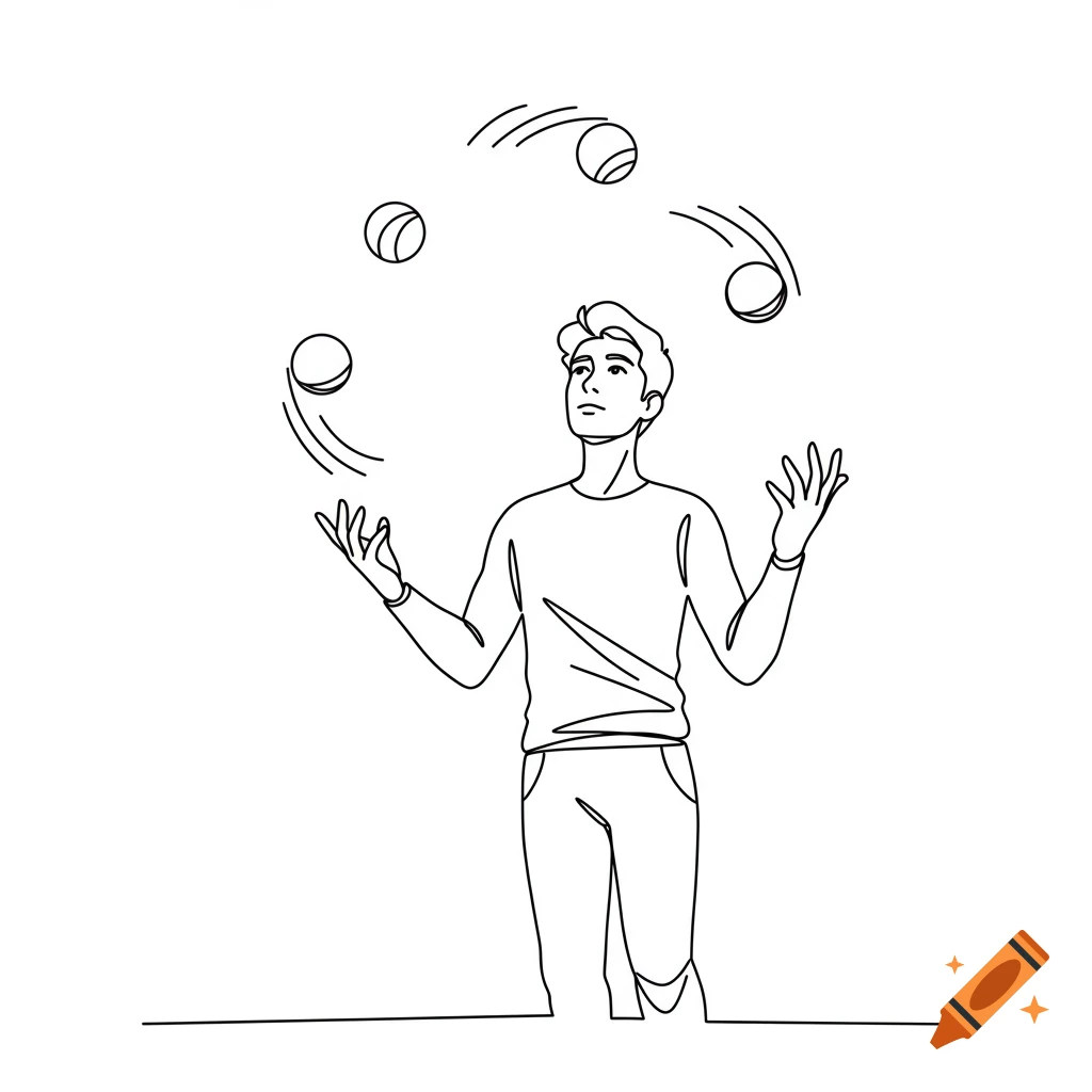 A minimalist line drawing of a person juggling three balls.