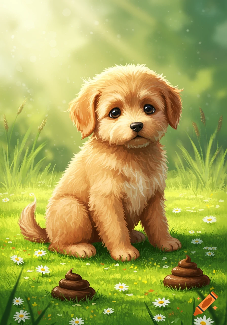 A cute, fluffy golden puppy sits in a vibrant green meadow with white flowers and two piles of cartoonish dog poop.
