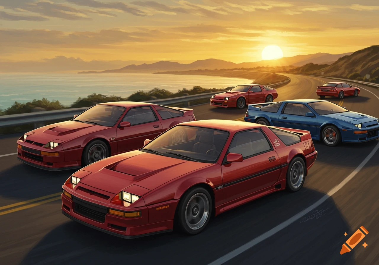 Several red and blue retro sports cars drive along a coastal highway at sunset, depicted in a vibrant, painterly style.