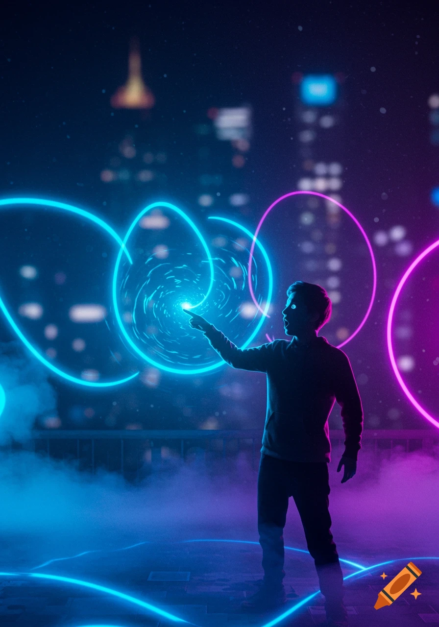 Silhouette of a person with glowing eyes pointing at a swirling blue light vortex, with neon rings and blurred city lights in the background at night.