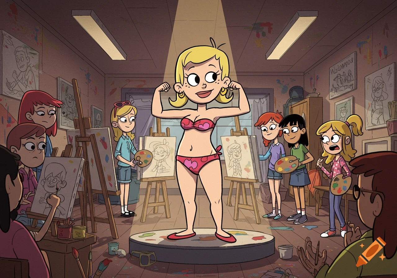 A blonde cartoon girl in a bikini poses on a platform in an art studio for a class of student artists drawing her, in a comic strip style.