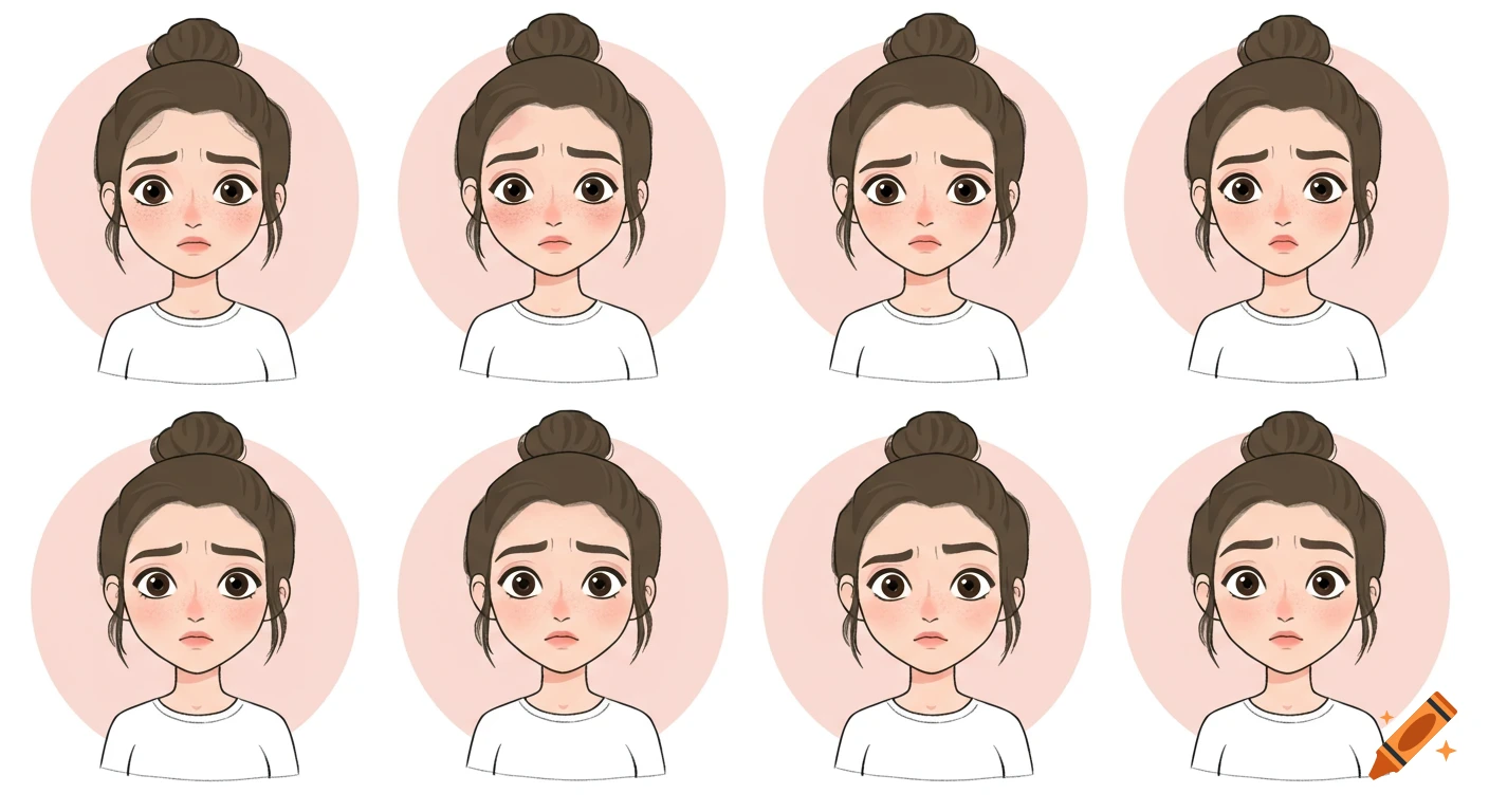 Eight identical cartoon illustrations of a woman with a worried expression, wearing a white shirt and her hair in a bun, against a pink circular background.