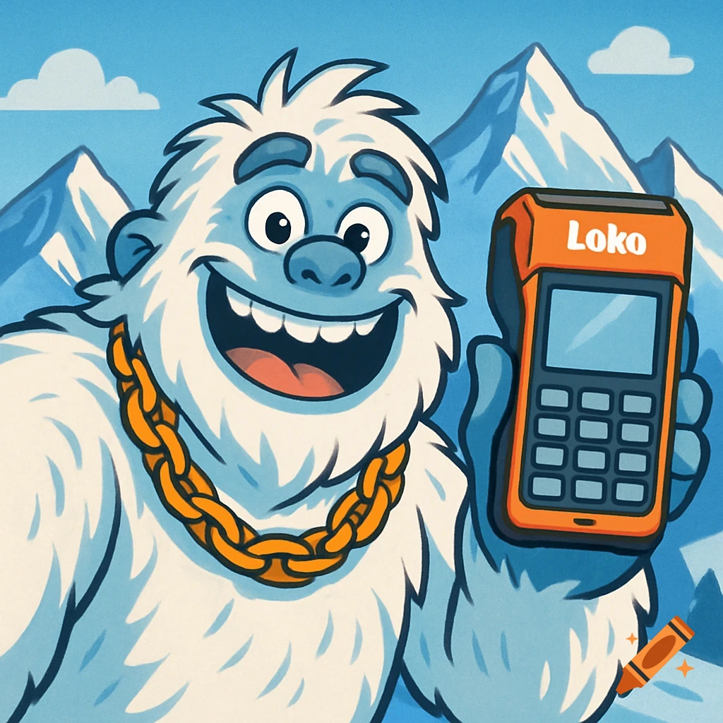 A smiling cartoon Yeti wearing a gold chain holds an orange device labeled 'Loko' in front of snowy mountains.