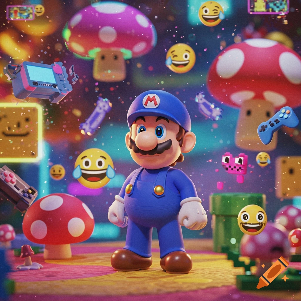 A blue-clad, cartoon Mario-like character with a mustache and an 'M' on his cap stands amidst floating mushrooms, emojis, and video game items on a colorful, sparkly background.