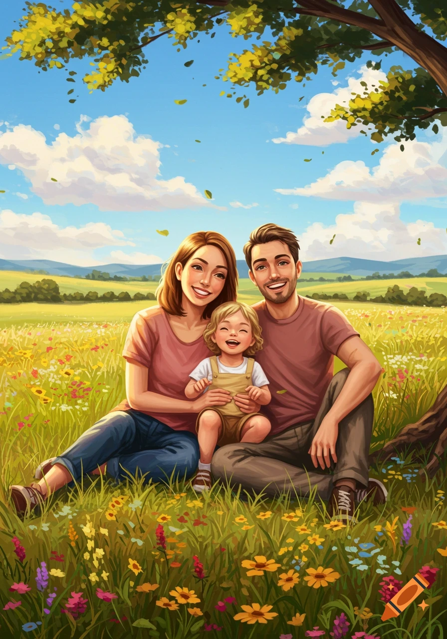 A smiling family sits in a field of colorful wildflowers under a tree on a sunny day.