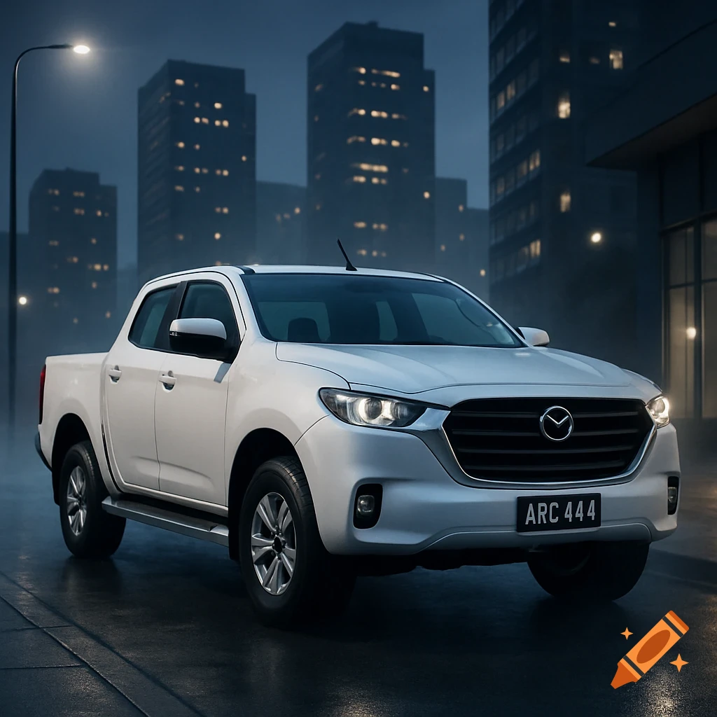 A white Mazda BT-50 pickup truck with license plate ARC 444, parked on a wet street in a city at dusk, with tall buildings in the background.