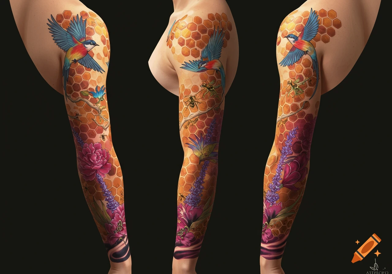 Vibrant full arm sleeve tattoo featuring honeycombs, colorful birds, and various flowers like peonies and lavender.