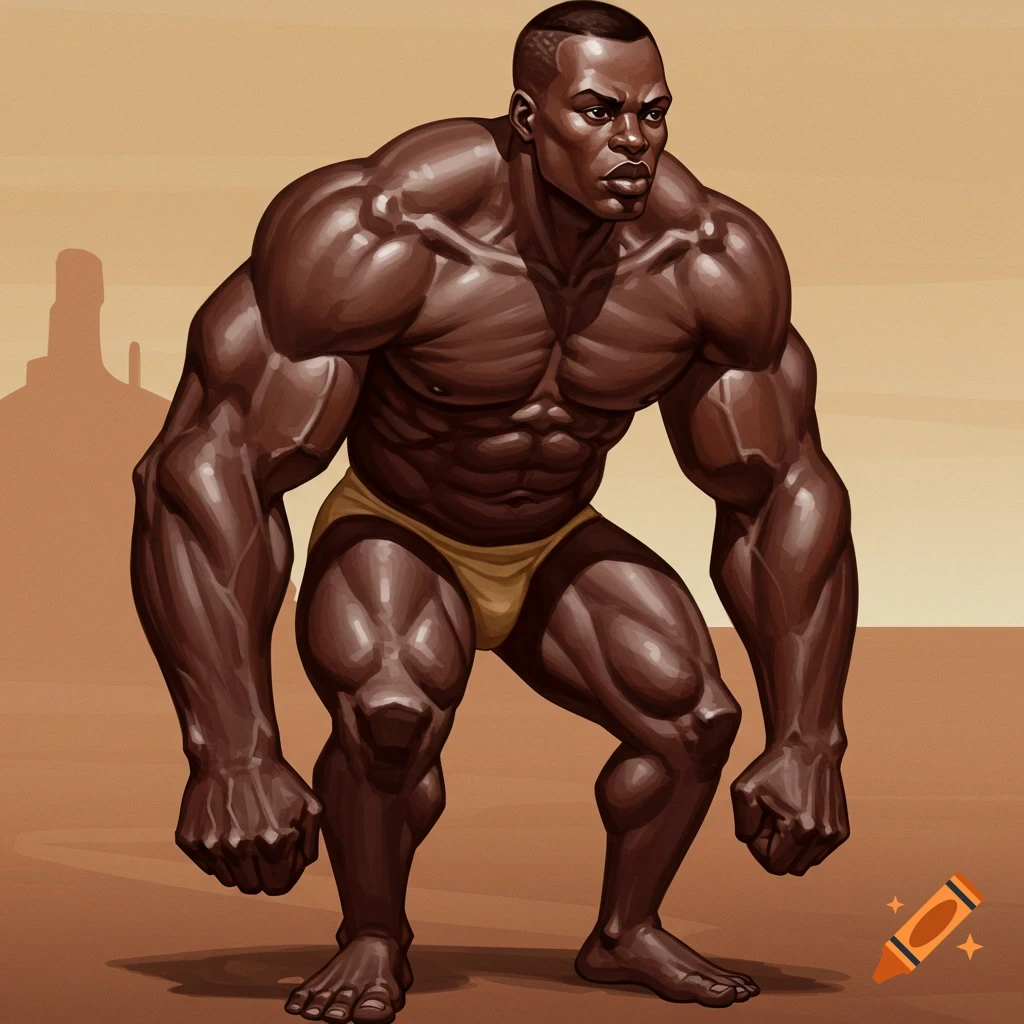 A highly muscular dark-skinned man with a buzz cut stands in a stylized pose, wearing light brown briefs against a desert-like background.