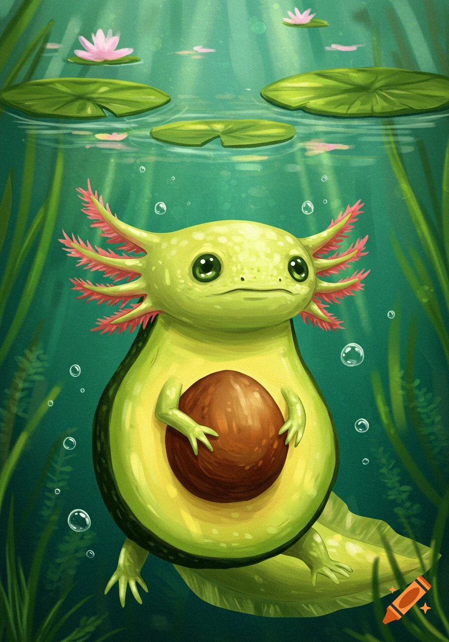 A cute avocado-shaped axolotl swims underwater with lily pads.