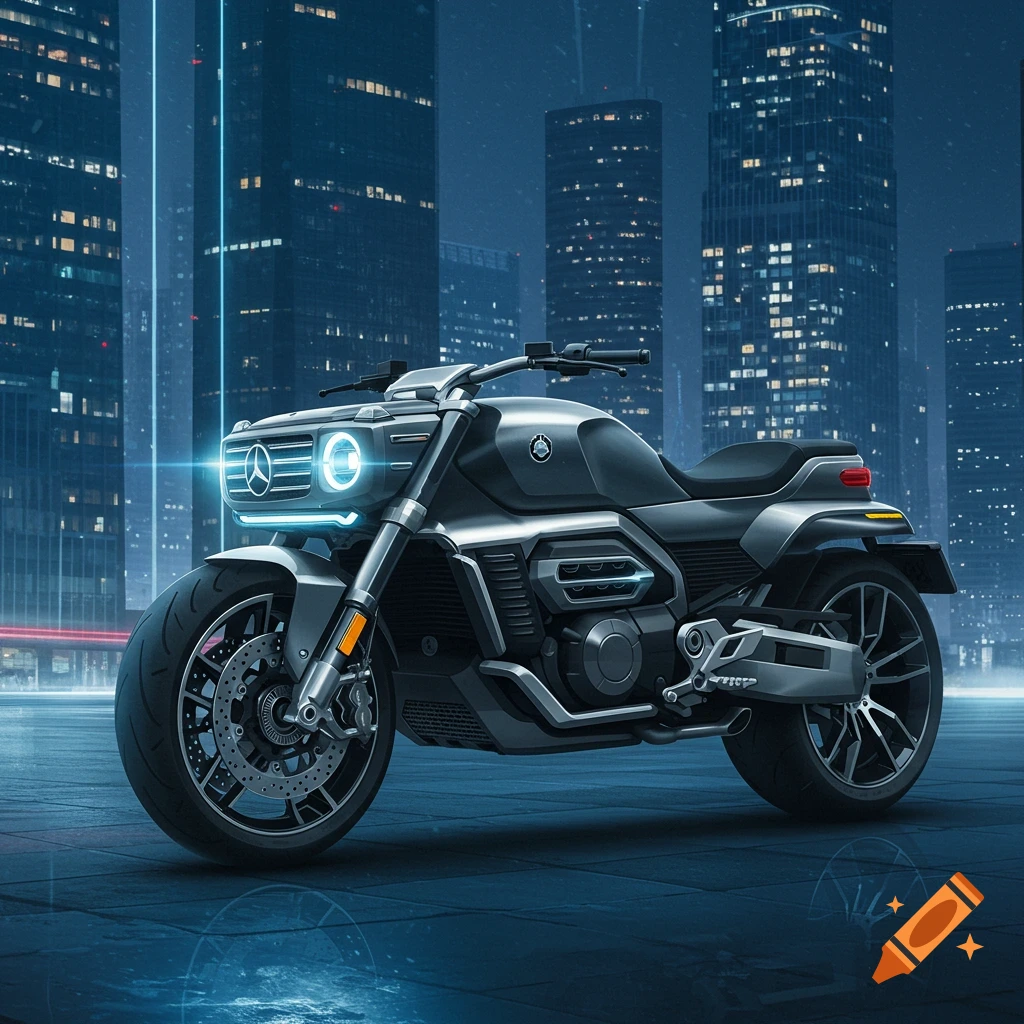 A sleek, futuristic black motorcycle with glowing blue headlights and a Mercedes-Benz logo, parked in a neon-lit city at night.