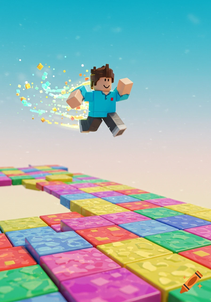 A 3D rendered Roblox character jumps over a path of colorful block-like tiles under a clear sky.