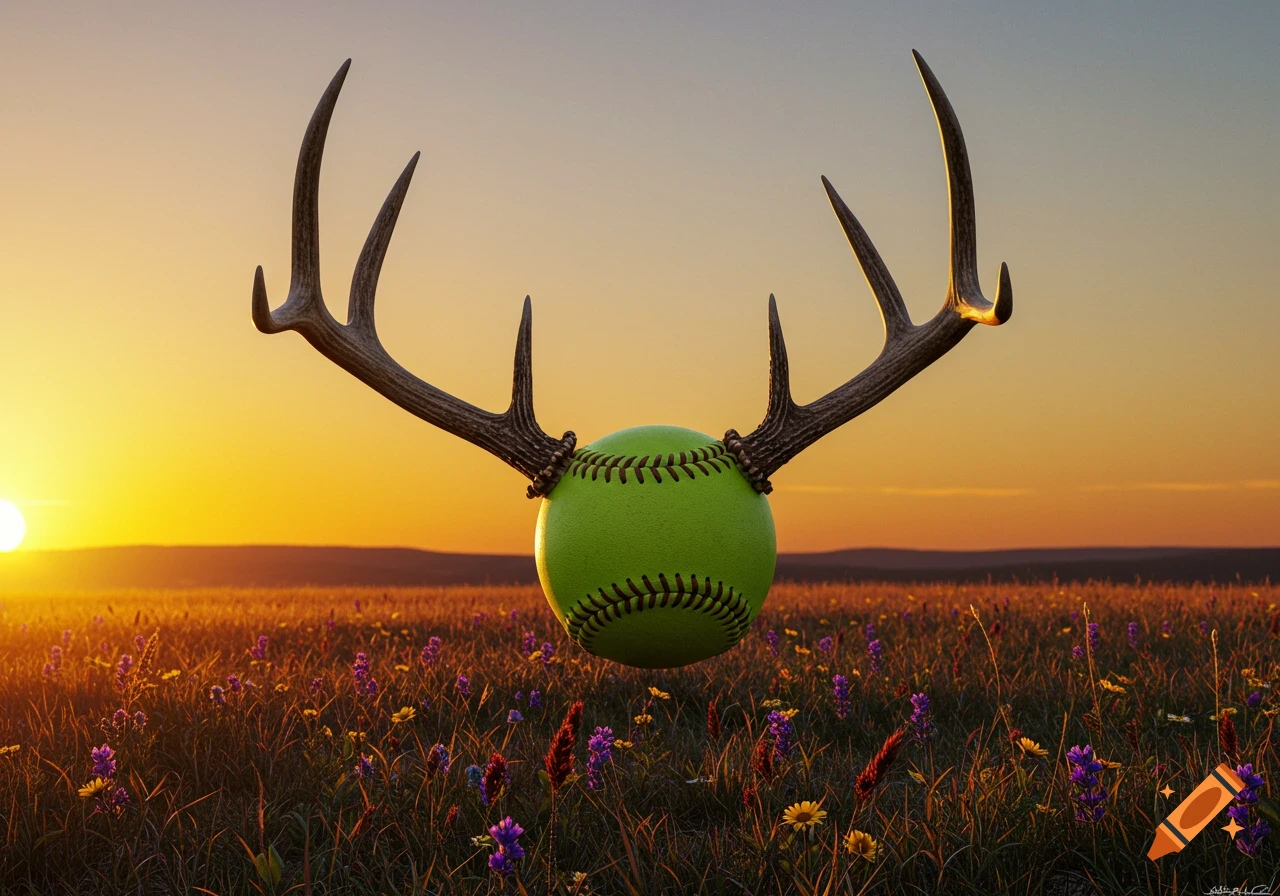A neon green softball with large elk antlers floats above a field of purple and yellow wildflowers during a golden sunset, photorealistic.