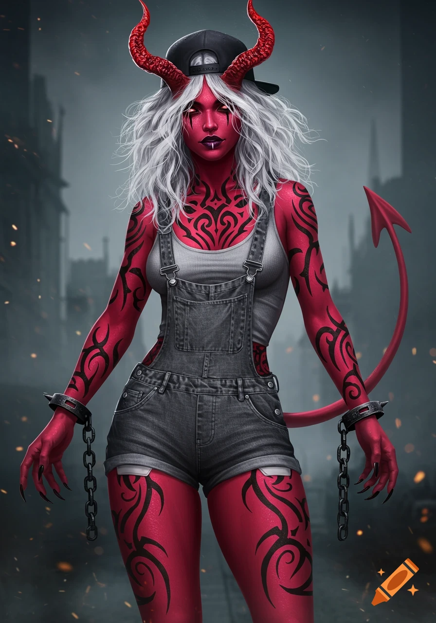 Realistic red-skinned female with white hair, horns, tribal tattoos, black baseball cap, gray overalls, and shackles, in a punk style.