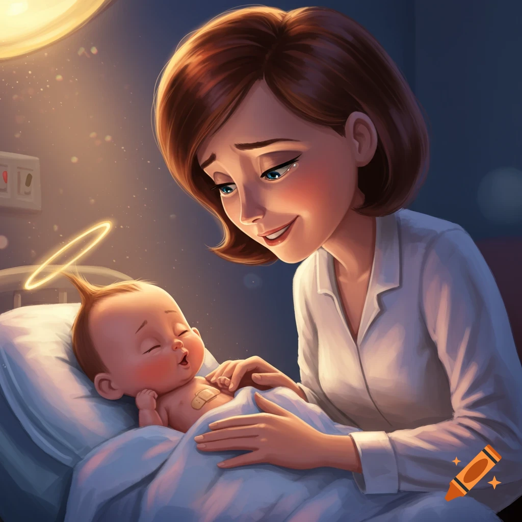 A cartoon-style mother, resembling Helen Parr, gently touches her baby, resembling Jack-Jack, who is sleeping in a hospital bed with a bandage on his chest.