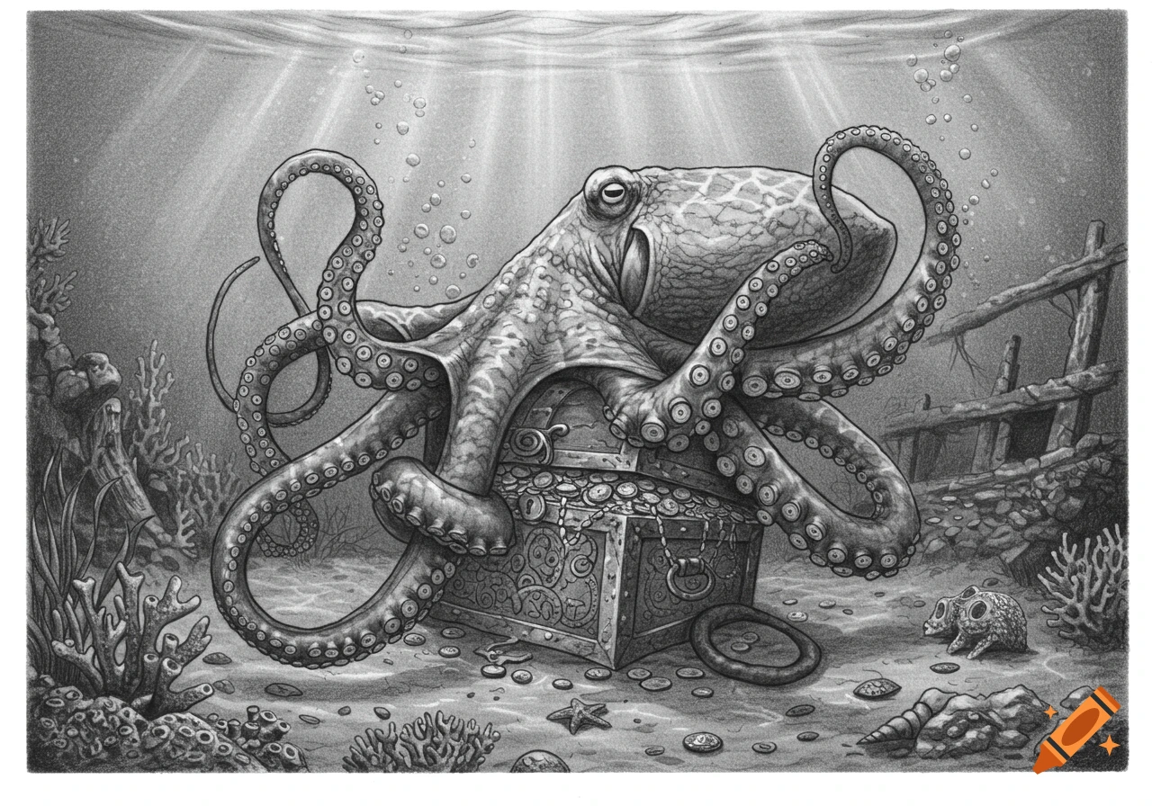 Detailed black and white illustration of an octopus grasping a treasure chest on the ocean floor, surrounded by coral and coins.
