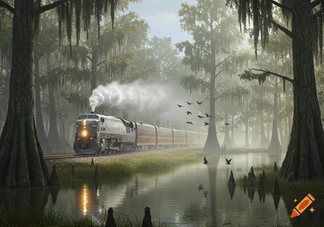A grey and red train with white smoke travels through a misty, lush green swamp with tall cypress trees and dark water reflecting light. Birds fly overhead.