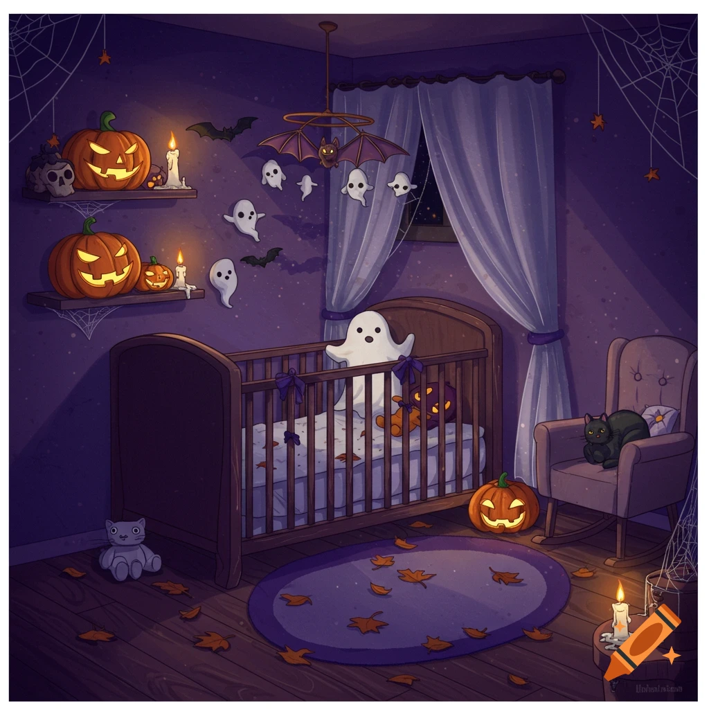 A cozy, dimly lit Halloween-themed nursery room with a crib, jack-o'-lanterns, floating ghosts, and a black cat on a rocking chair.