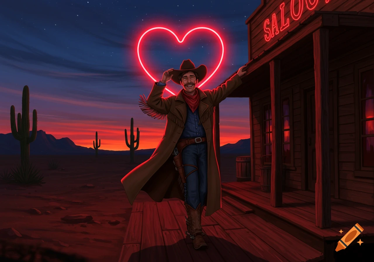 A smiling cowboy tips his hat under a neon heart in front of a saloon at sunset in a desert landscape, digital art.