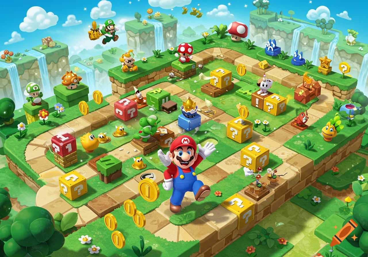 Super Mario, Luigi, and other characters on a vibrant, multi-level game board with blocks, coins, and waterfalls in a cartoon style.