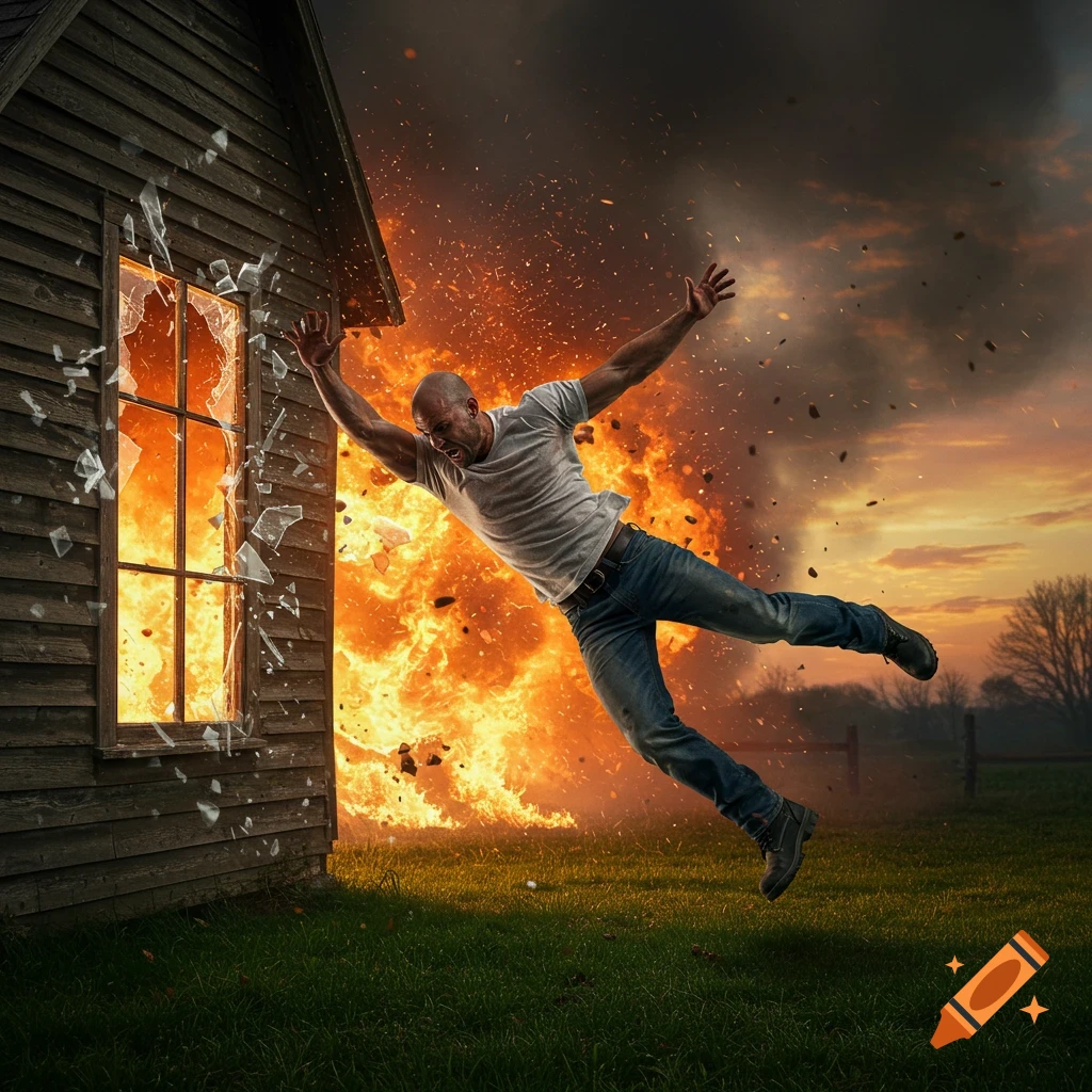 Bald man dives headfirst through a shattered farmhouse window, escaping a fiery explosion behind him into a grassy lawn at sunset. Photorealistic.